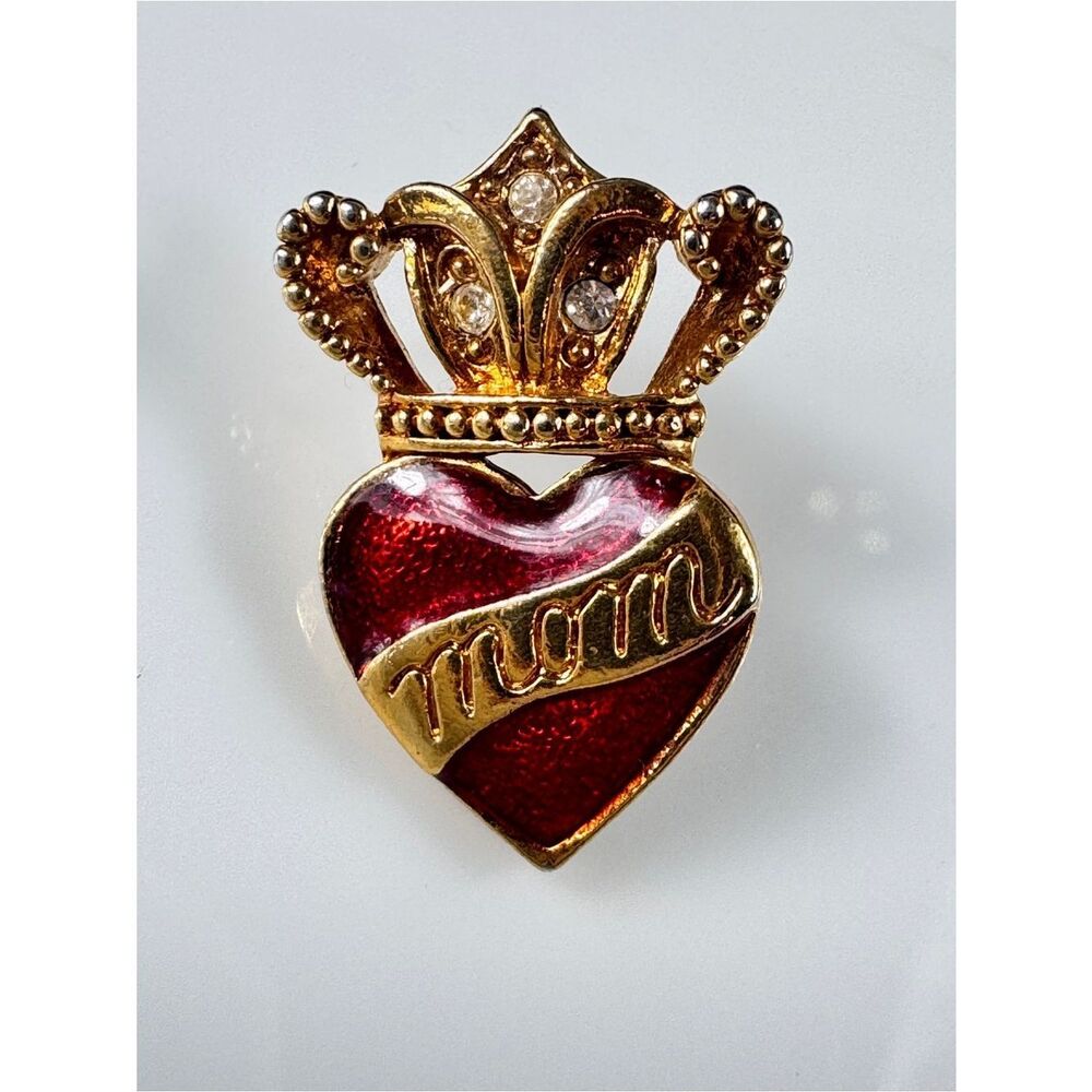 Vintage “MOM” Gold-Tone Red Enamel Crowned Heart Pin